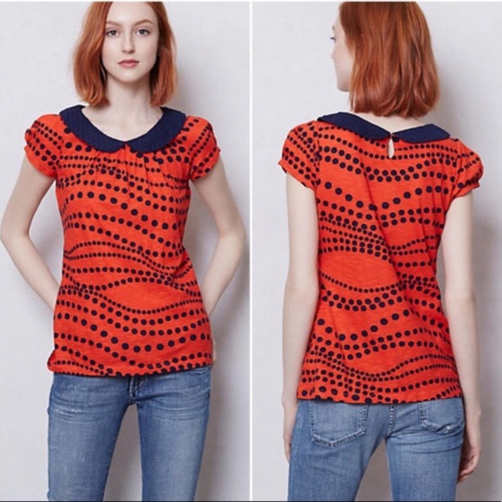 Anthro Red & Navy Dotted Peter Pan Collar Top